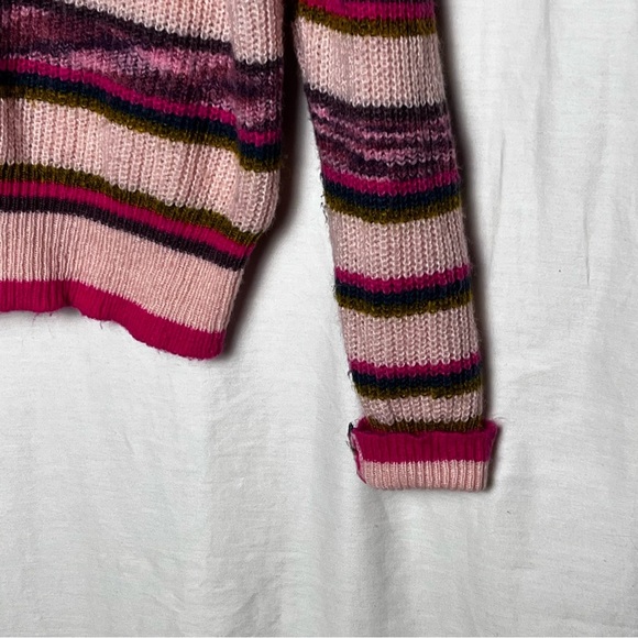 Sundance | Pink Green Striped Wool Blend V-Neck Sweater, Large - Picture 7 of 9
